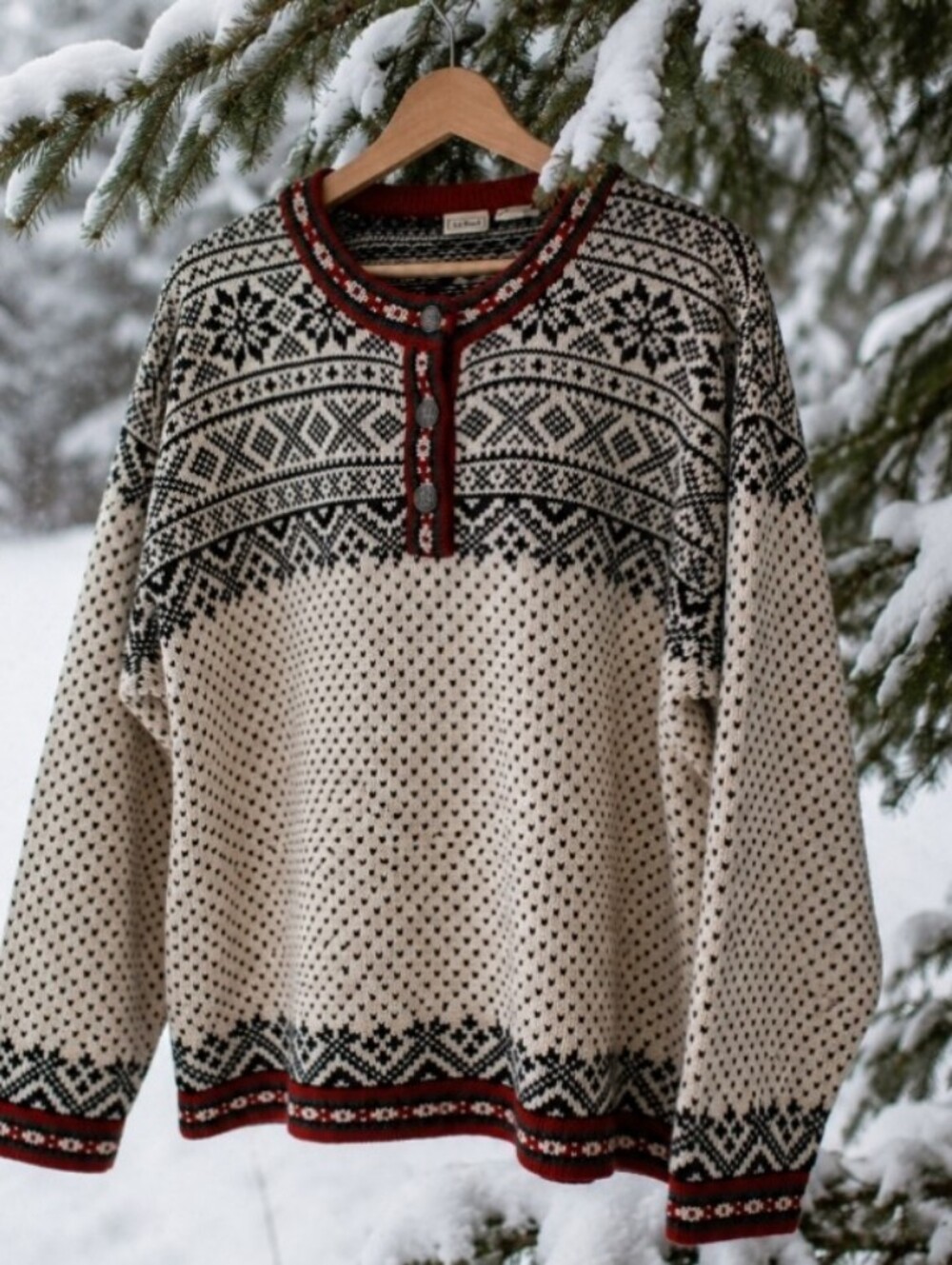 Vintage LL Bean Nordic Fair Isle Sweater Heavyweight Cotton Henley Size XL - Picture 2 of 12
